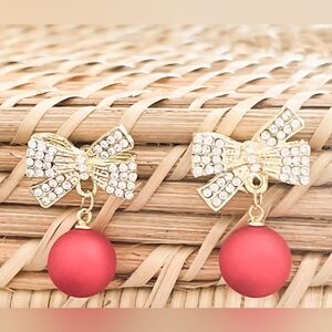 Beautiful Gold Bow Red Bulb Christmas Earrings